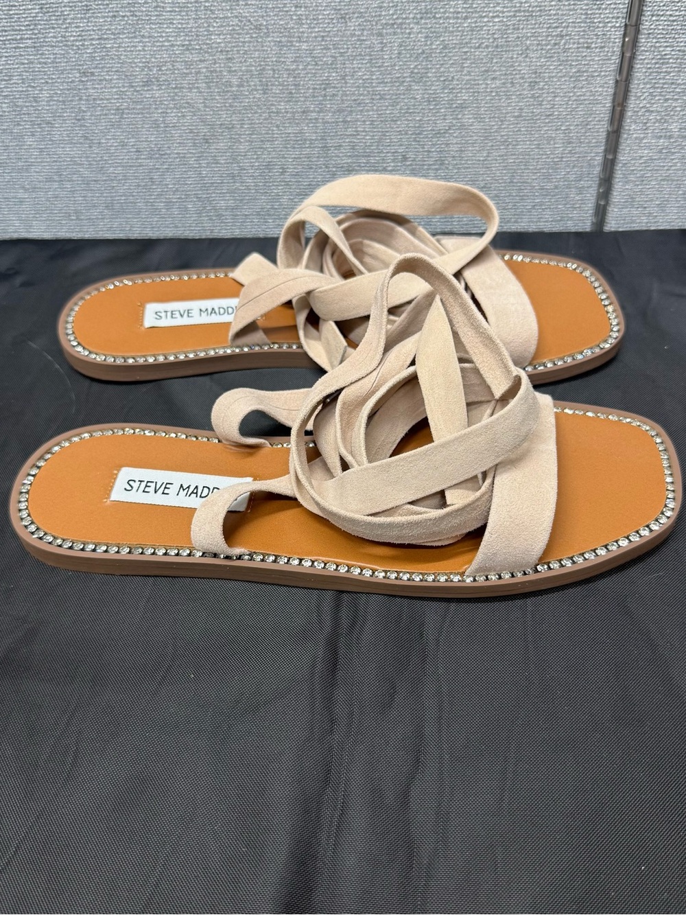 Steve Madden Nude Tie-Strap Flat Sandals with Crystal Edge